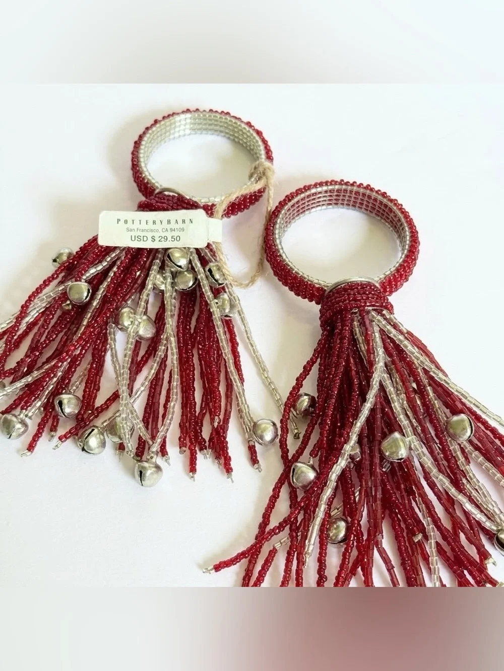 NWT Pottery Barn Red & Silver Beaded Jingle Bell Tassel Napkin Rings Set of 4